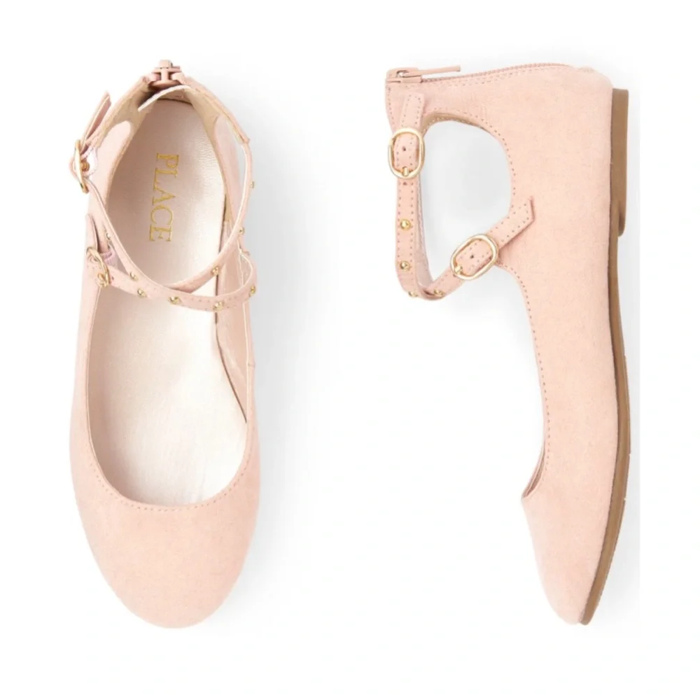 Girls Studded Ankle Strap Ballet Flats - Blush-Sz-6